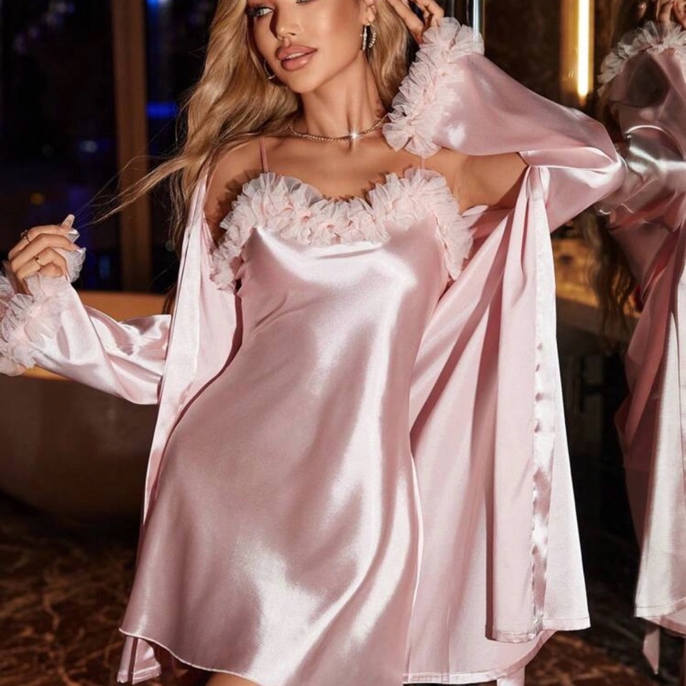 Satin Pink Ruffle-Trim Slip Dress & Robe Set
